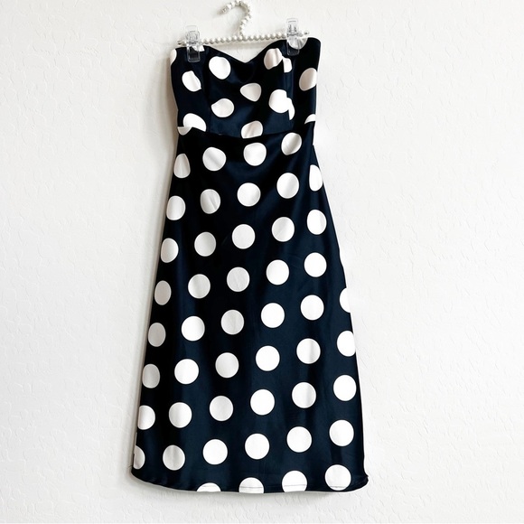 Bardot Women's Satin Polka Dot Strapless Dress Sweetheart Navy Tie Back 4/XS - Picture 2 of 6